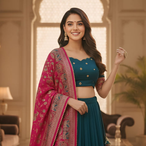 Printed Ready to Wear Lehenga & Unstitched Blouse With Dupatta